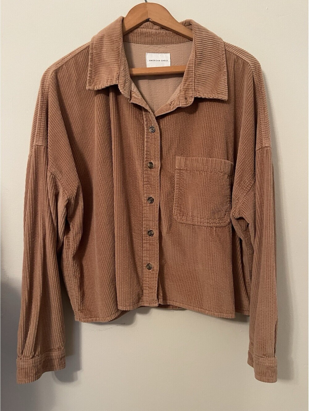 American Eagle Corduroy Cropped Button Up Shirt Jacket Shacket Brown TanLarge L